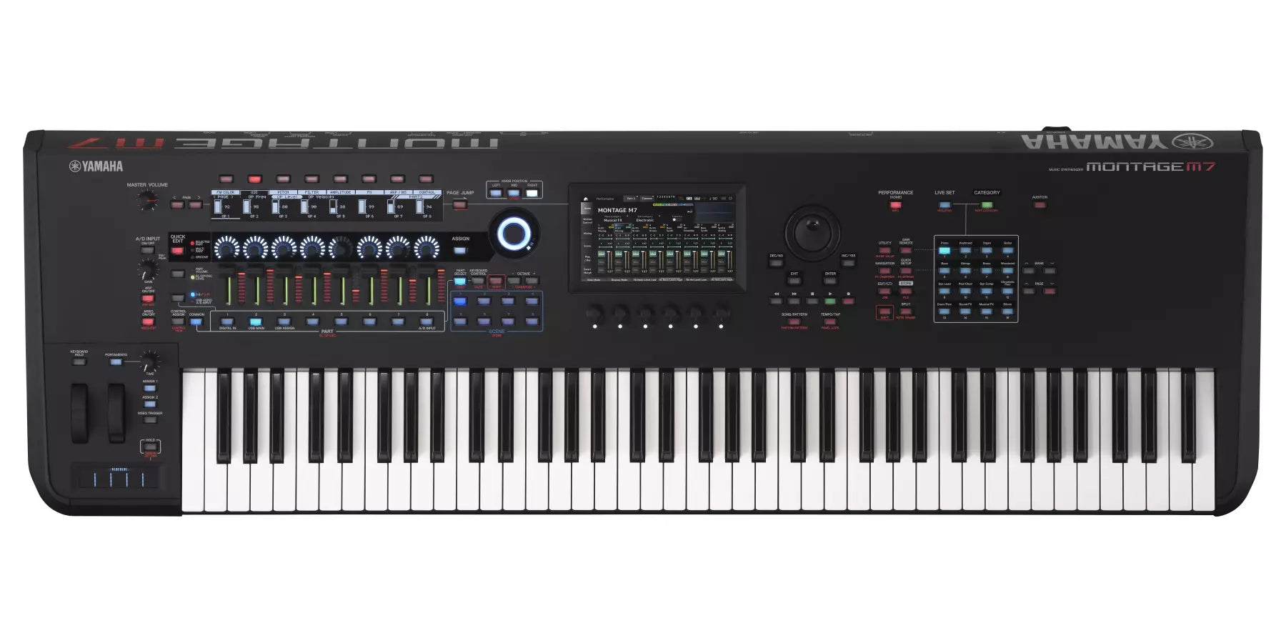 Black Yamaha MONTAGE M7 synthesizer with 76 keys, control knobs, sliders, buttons, and a display screen.
