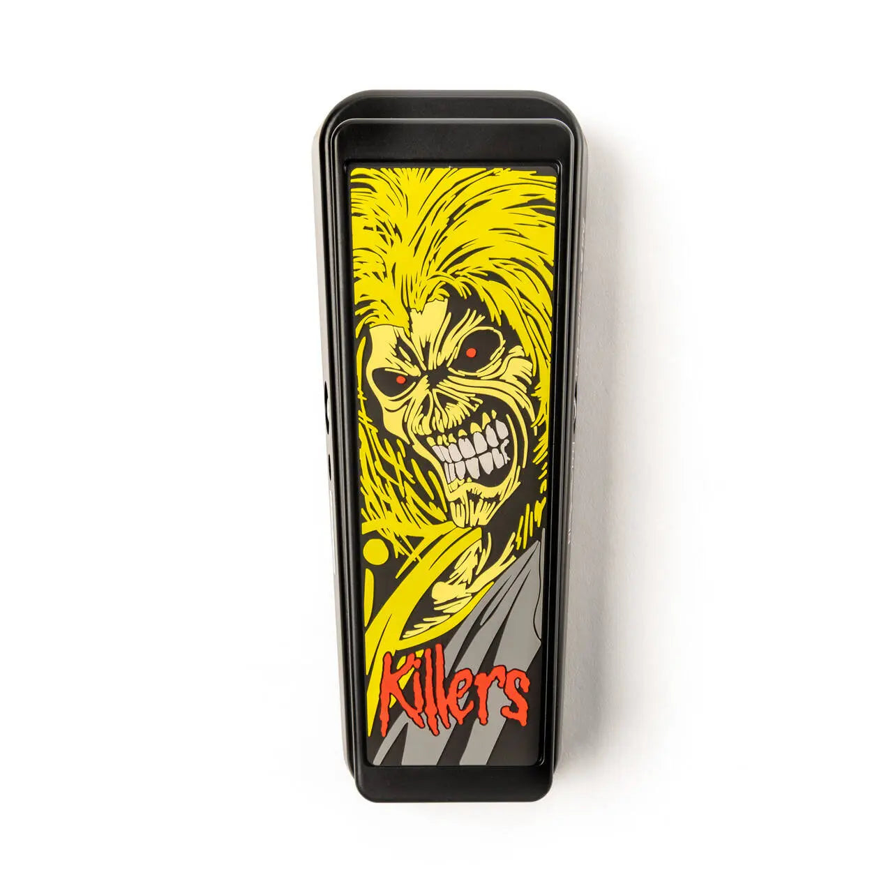 Black wah pedal with yellow skull graphic and red text reading Killers on the foot pedal surface.