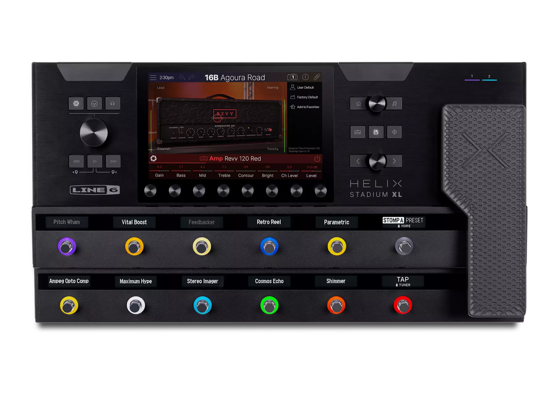 Top view of a black Line 6 Helix Stadium XL guitar floor processor with colorful footswitches and a large display screen.