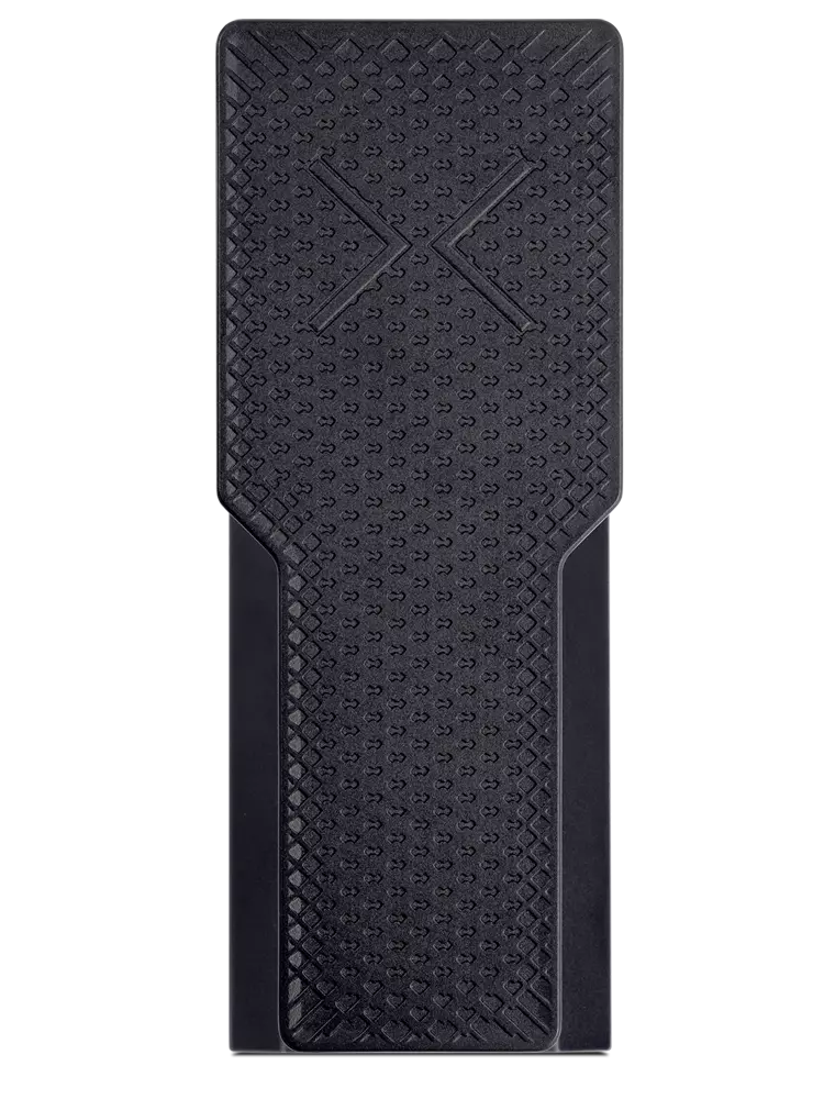 Black textured expression pedal for musical instrument control with an X pattern on the surface.