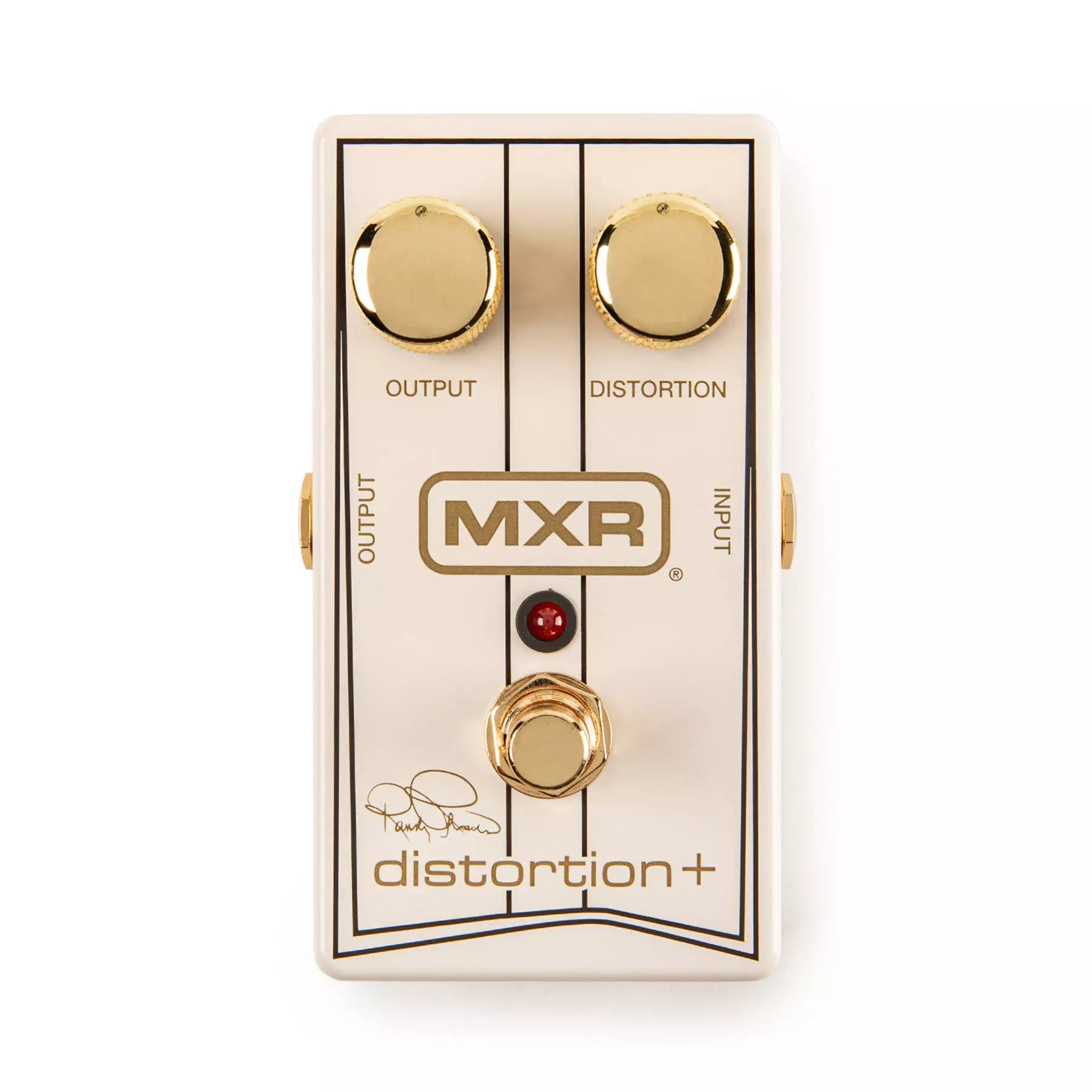 White MXR distortion+ guitar pedal with gold knobs, footswitch, and input/output jacks.