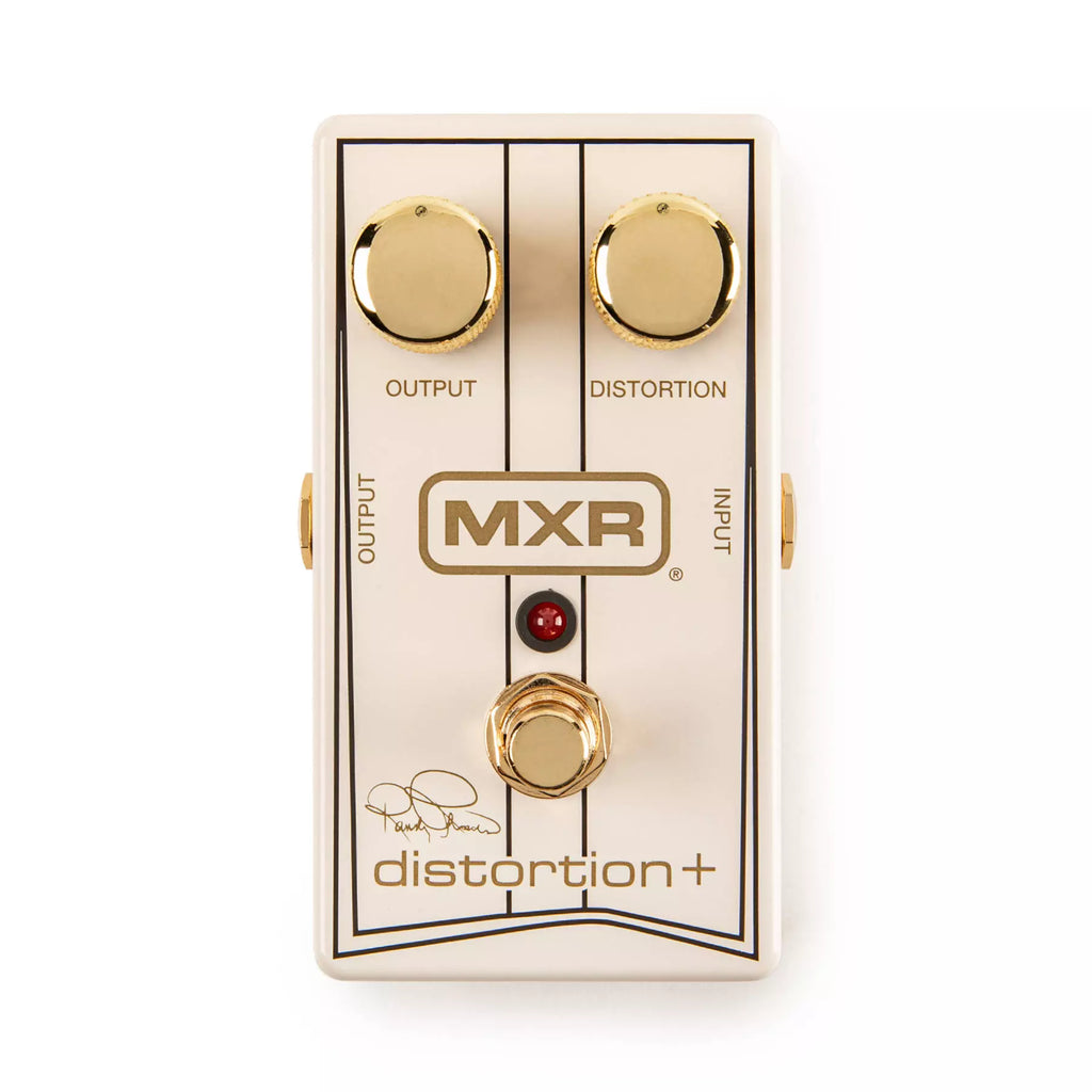 White MXR distortion+ guitar effects pedal with two gold knobs and one footswitch.