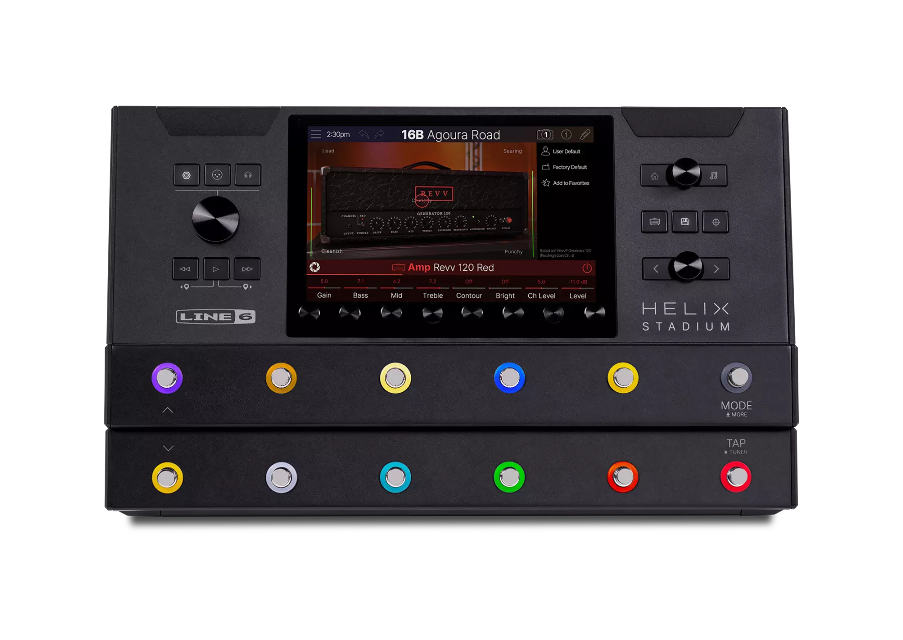 Black rectangular guitar effects floor processor with colorful footswitches and a central touchscreen display.