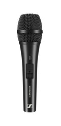 Black handheld microphone with wire mesh grille and a slider on/off switch on the body.