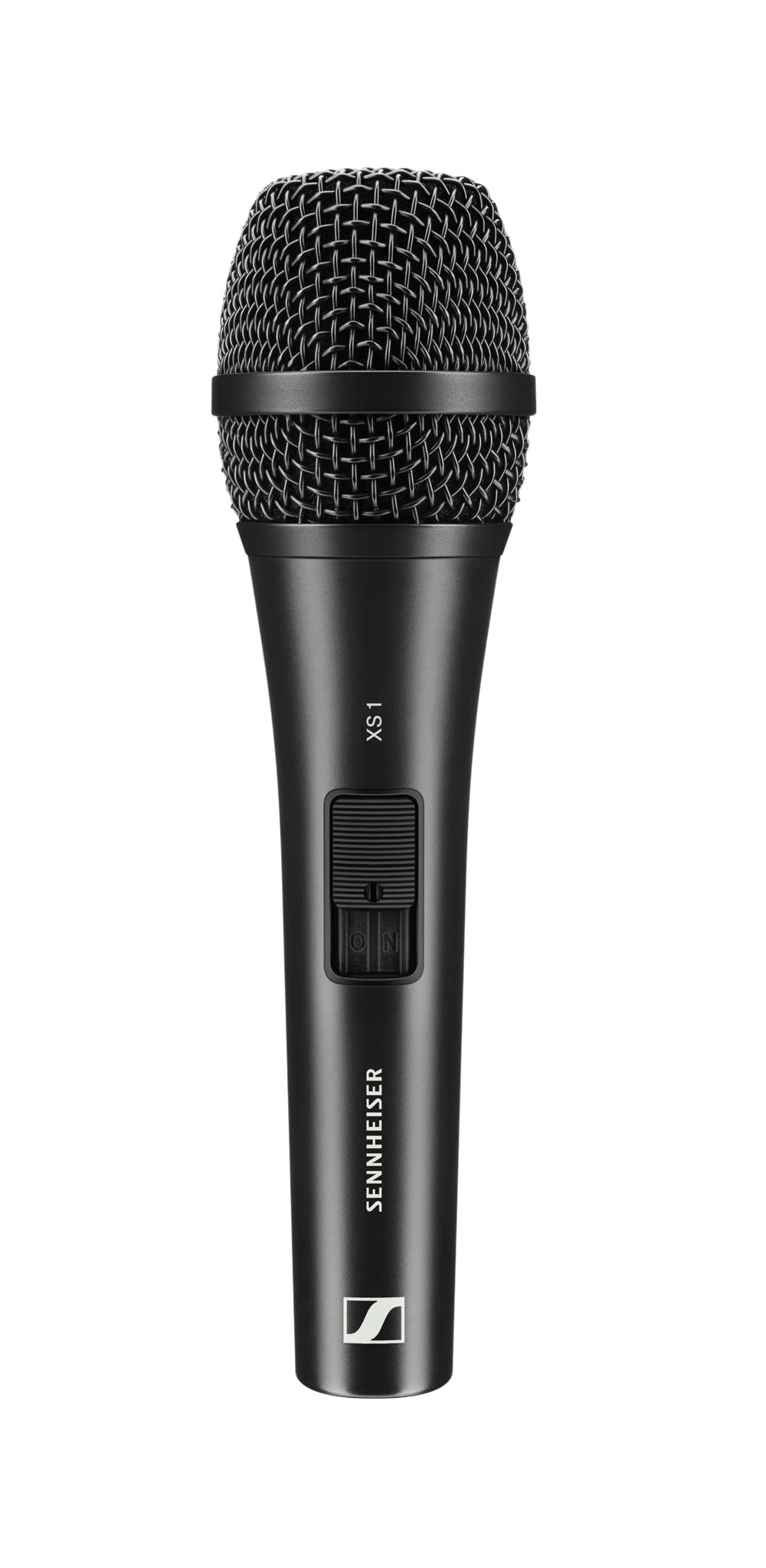 Black handheld microphone with wire mesh grille and a slider on/off switch on the body.