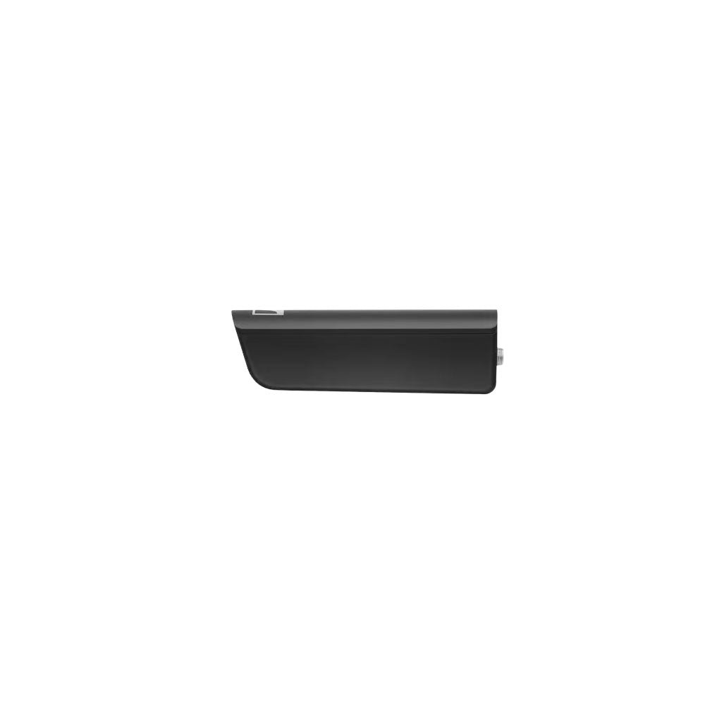Black rectangular wireless audio transmitter unit with a threaded connector on one end.