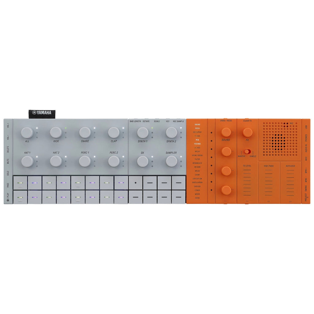 Top view of a Yamaha sequencer with gray and orange panels featuring knobs, sliders, pads, buttons, speaker, and input/output ports.