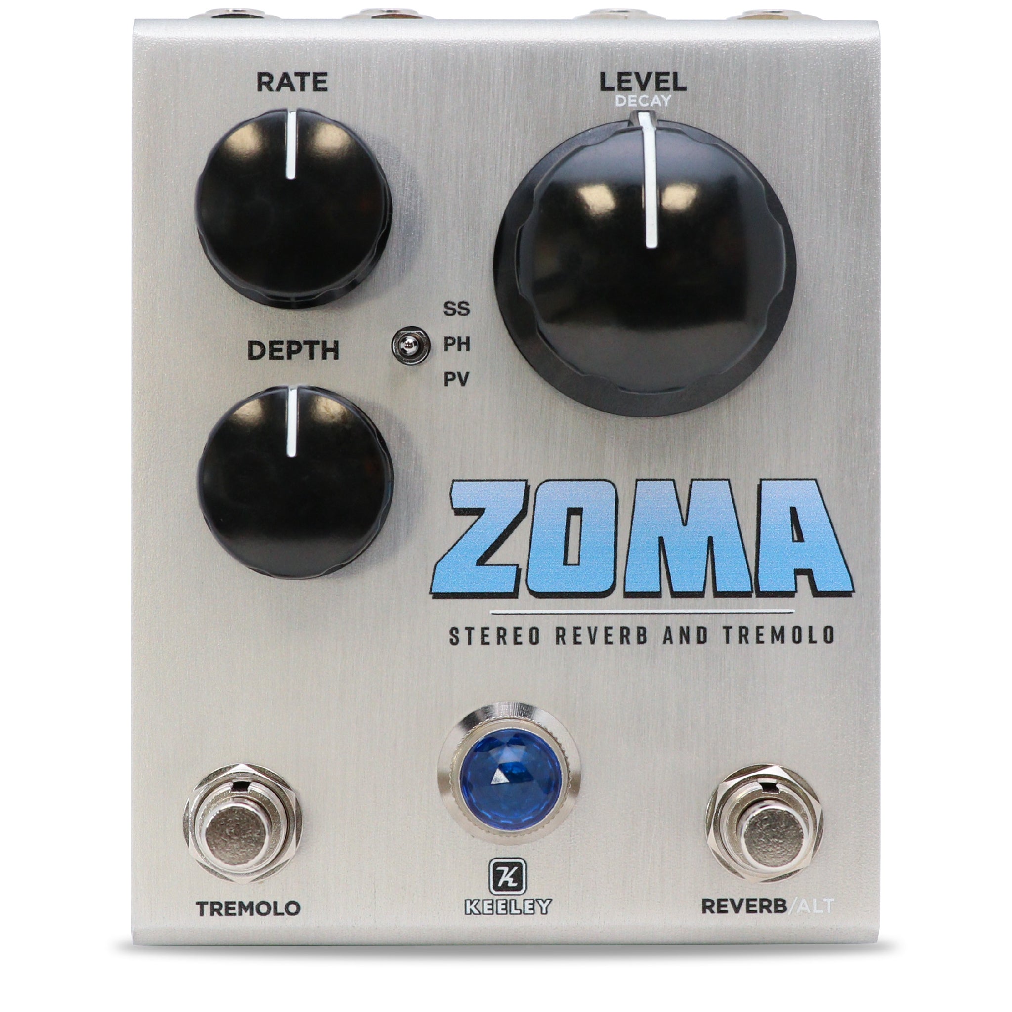 Silver guitar effects pedal with knobs, toggle switch, two footswitches, and blue indicator light labeled ZOMA stereo reverb and tremolo.