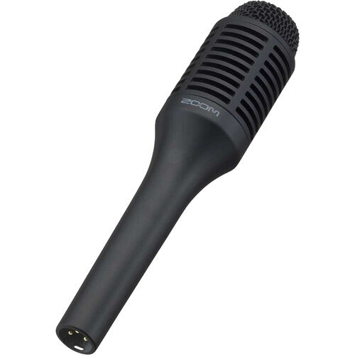 Black shotgun microphone with a metal mesh grill and a 3-pin XLR connector at the handle end.
