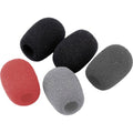 Five foam windscreen covers in red, gray, and black colors arranged in a cluster on a white background.