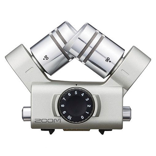 Silver XY microphone capsule with two angled microphone heads and a central rotary control dial.