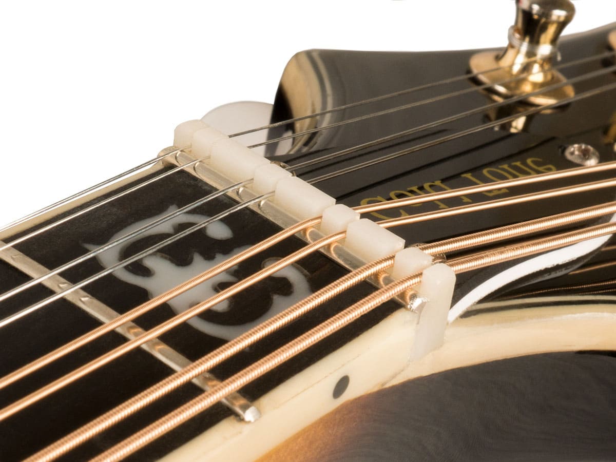Close-up of a mandolin headstock showing a white slotted nut with strings and tuning pegs.